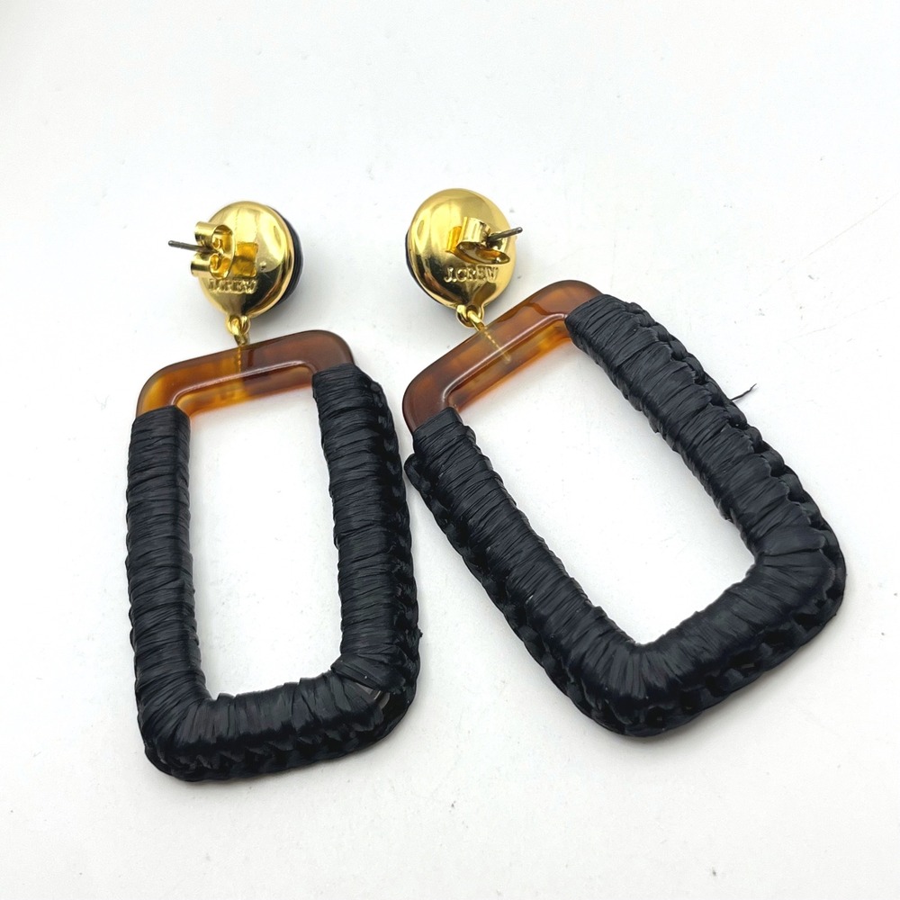 J.Crew Tortoise Resin and Black Raffia Rectangular Drop Earrings Gold Tone